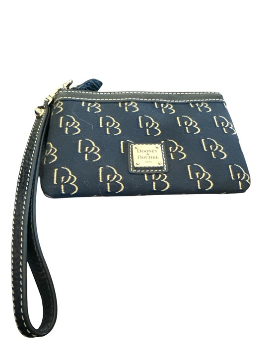 Dooney & Bourke Handbags - Dooney & Bourke Navy and Gold Logo Wristlet with Strap